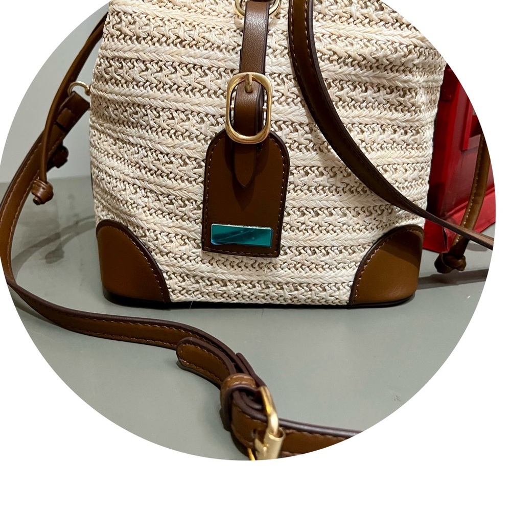NEW! Bucket Crossbody Bag PU Stitching Woven Straw Shoulder Bag! - Picture 3 of 11
